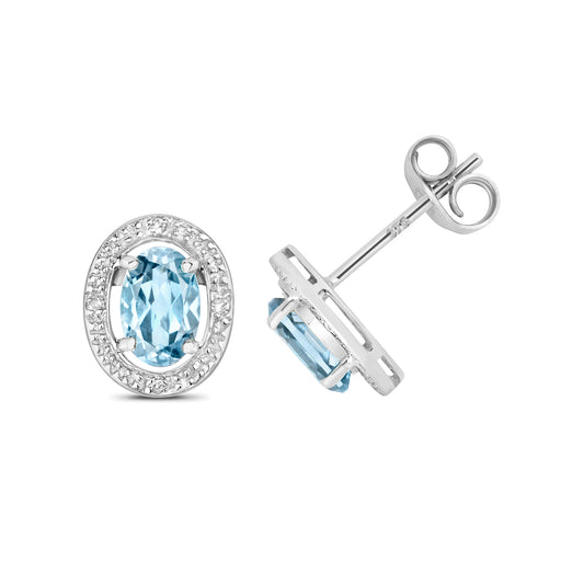 9ct White Gold Halo Natural Aquamarine and Diamond Stud Earrings (267)