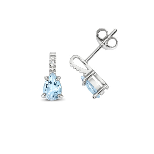 9ct White Gold 10x4mm Diamond and Aquamarine Stud Earrings (287)