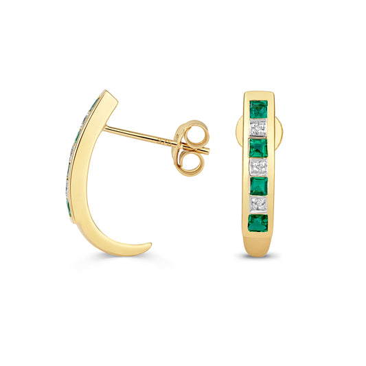 9ct Yellow Gold Emerald Diamond Half Hoop Design Earrings (291)