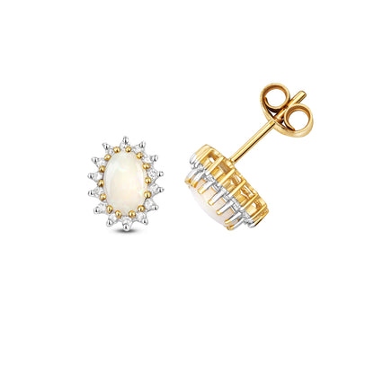 9ct Yellow Gold Natural Opal and Diamond Cluster Stud Earrings (293O)
