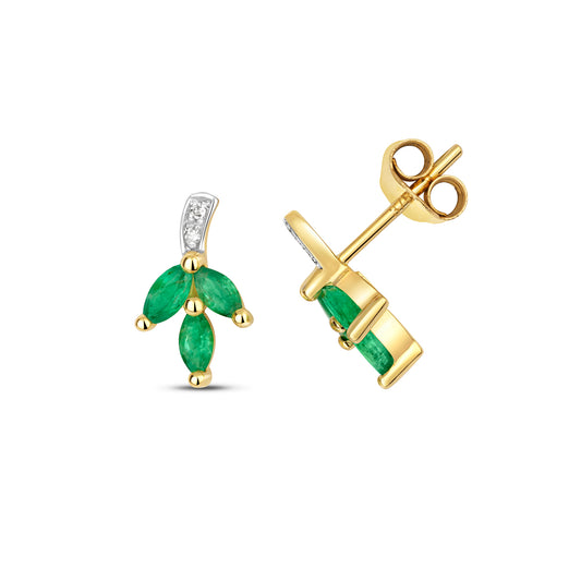 9ct Yellow Gold Emerald Diamond Leaf Design Earrings (297)