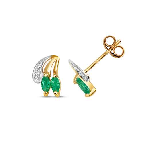 9ct Yellow Gold Emerald Diamond Leaf Design Earrings (298)