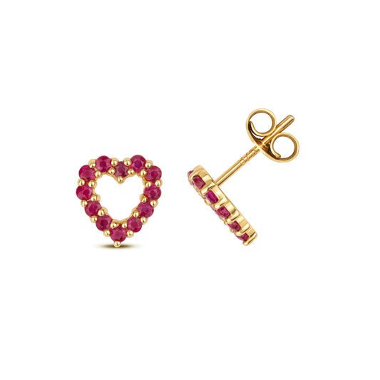 9ct Yellow Gold Ruby Gemstone Heart Stud Earrings (408)