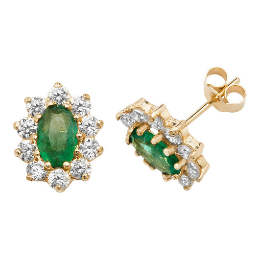 9ct Yellow Gold Real Emerald Stones Oval Cluster Earrings (301/ES545)