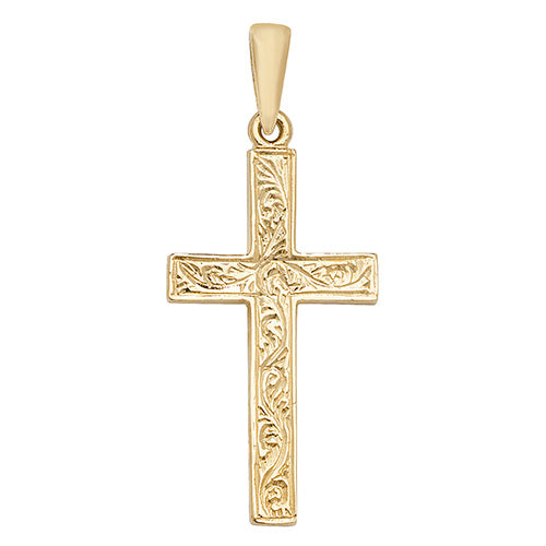 9ct Yellow Gold 41x18mm Solid Gold Engraved Cross Pendant (1026)