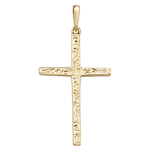 9ct Yellow Gold 43x22mm Solid Gold Engraved Cross Pendant (1027)