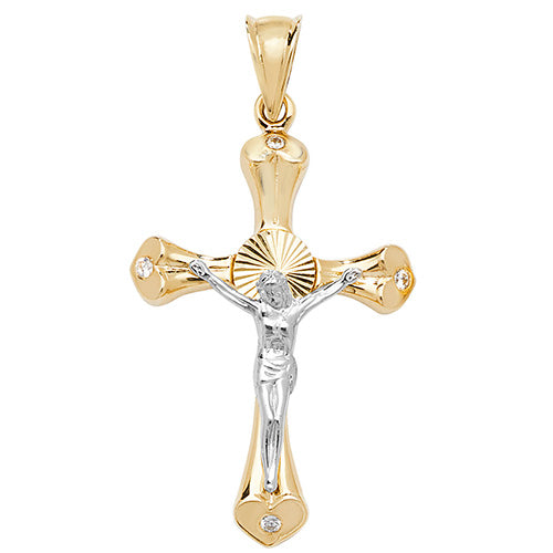 9ct Yellow and White Gold 48x26mm Crucifix Cross Zirconia Set Pendant (1042)
