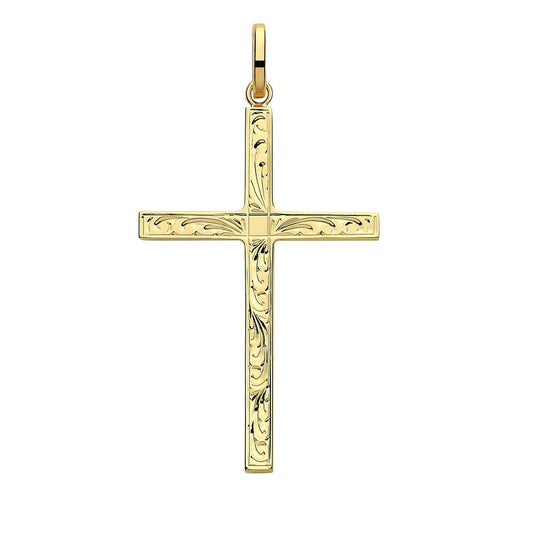 9ct Yellow Gold 47x25mm Solid Gold Engraved Cross Pendant  (1213E)