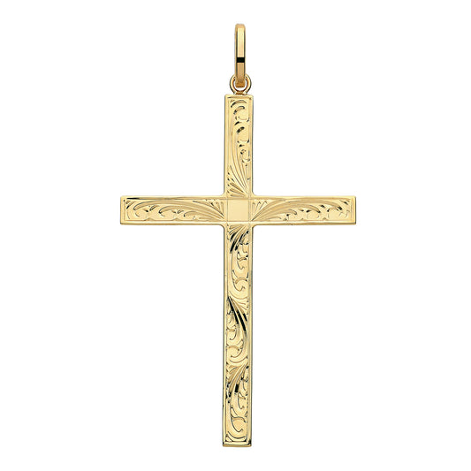 9ct Yellow Gold 50x35mm Engraved Gold Cross Pendant  (1216E)