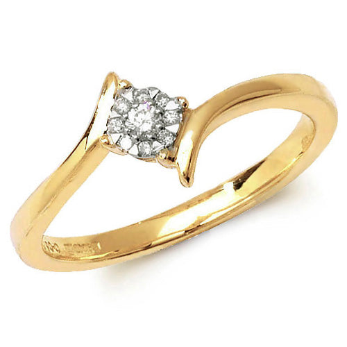 9ct Yellow Gold 0.08ct Natural Diamond Crossover Cluster Ring, Size K (110)