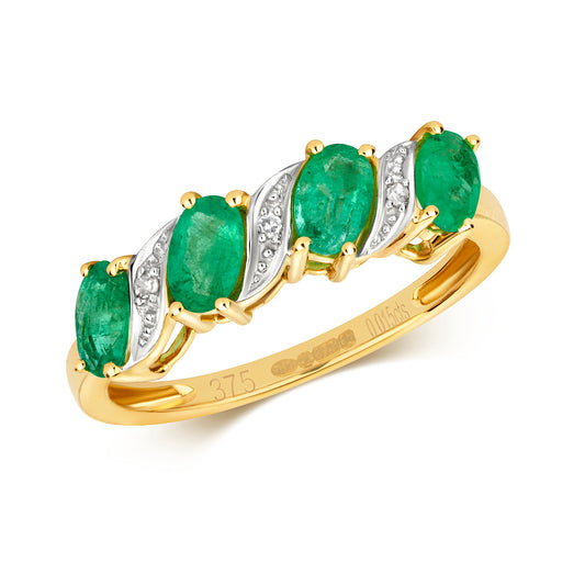9ct Yellow Gold Emerald and Diamond Ring, Ring Sizes J to Q (221)