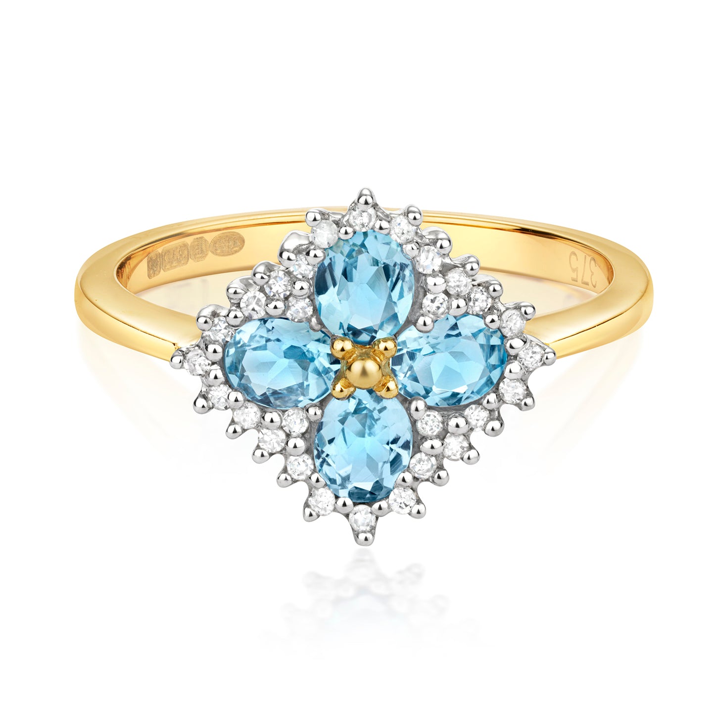9ct Yellow Gold Blue Topaz and Diamond Cluster Ring, Sizes J to Q (222)
