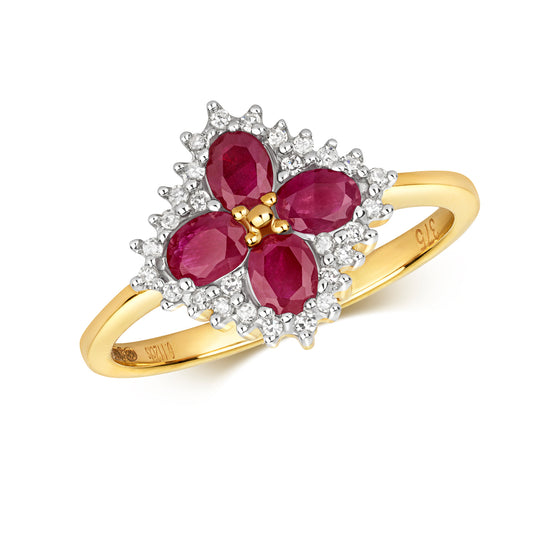 9ct Yellow Gold Ruby and Diamond Square Clover Cluster Ring, Sizes J to Q (222R)