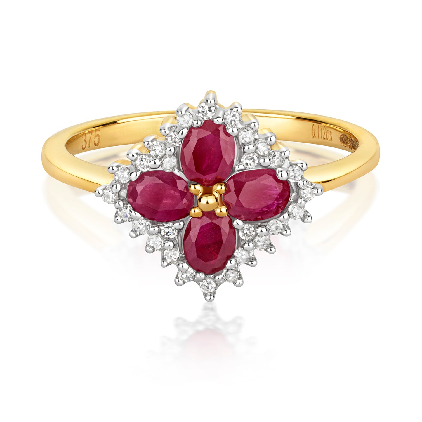 9ct Yellow Gold Ruby and Diamond Square Clover Cluster Ring, Sizes J to Q (222R)