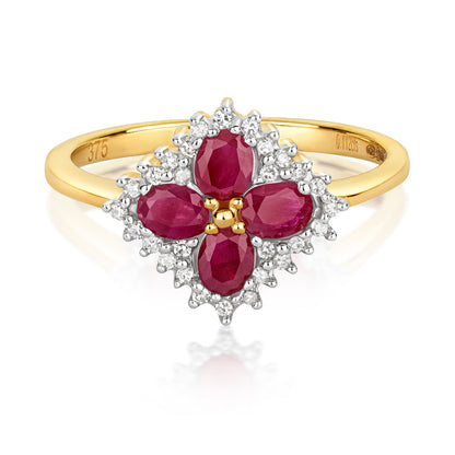 9ct Yellow Gold Ruby and Diamond Square Clover Cluster Ring, Sizes J to Q (222R)