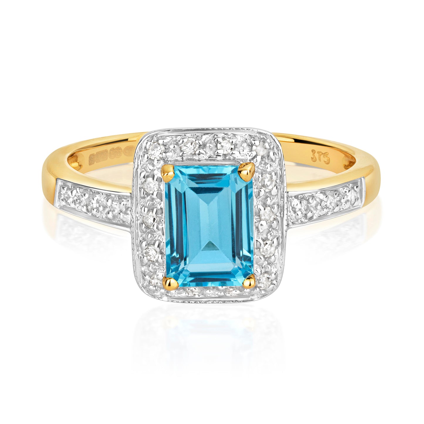 9ct Yellow Gold Blue Topaz and Diamond Cluster Ring, Sizes J to Q (240)