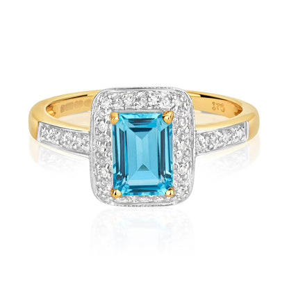 9ct Yellow Gold Blue Topaz and Diamond Cluster Ring, Sizes J to Q (240)