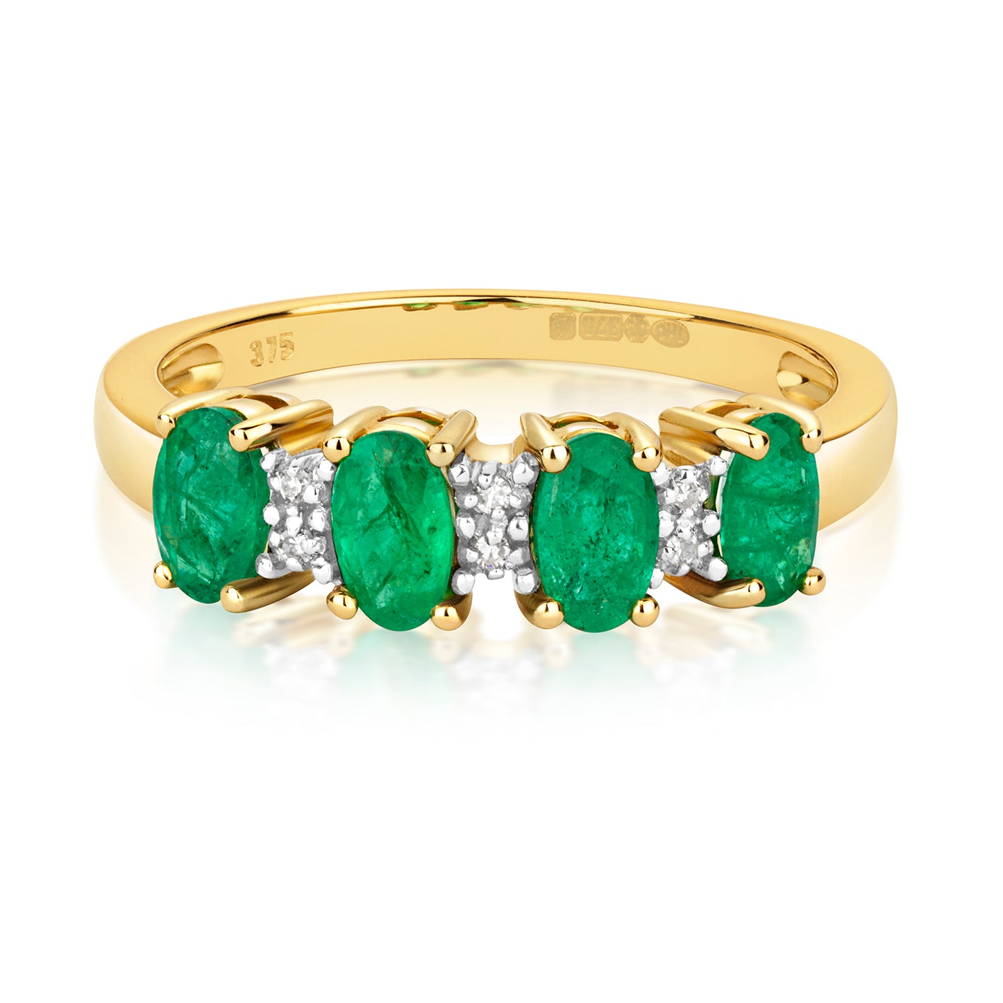 9ct Yellow Gold Emerald and Diamond Eternity Style Ring, Sizes J to Q (258)