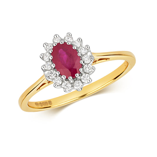 9ct Yellow Gold Cluster Ruby and Diamond Ring, Sizes J to Q (260R)