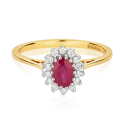 9ct Yellow Gold Cluster Ruby and Diamond Ring, Sizes J to Q (260R)