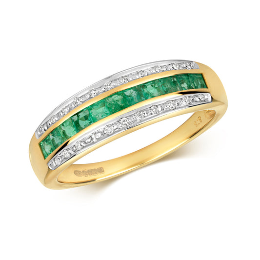 9ct Yellow Gold Emerald and Diamond Band Style Ring, Sizes J to Q (267)