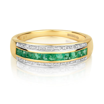 9ct Yellow Gold Emerald and Diamond Band Style Ring, Sizes J to Q (267)