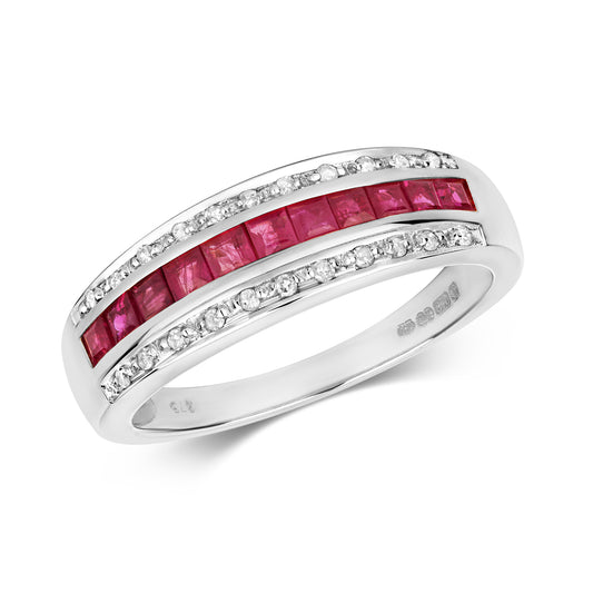 9ct White Gold Ruby and Diamond Band Style Ring, Sizes J to Q (267WR)