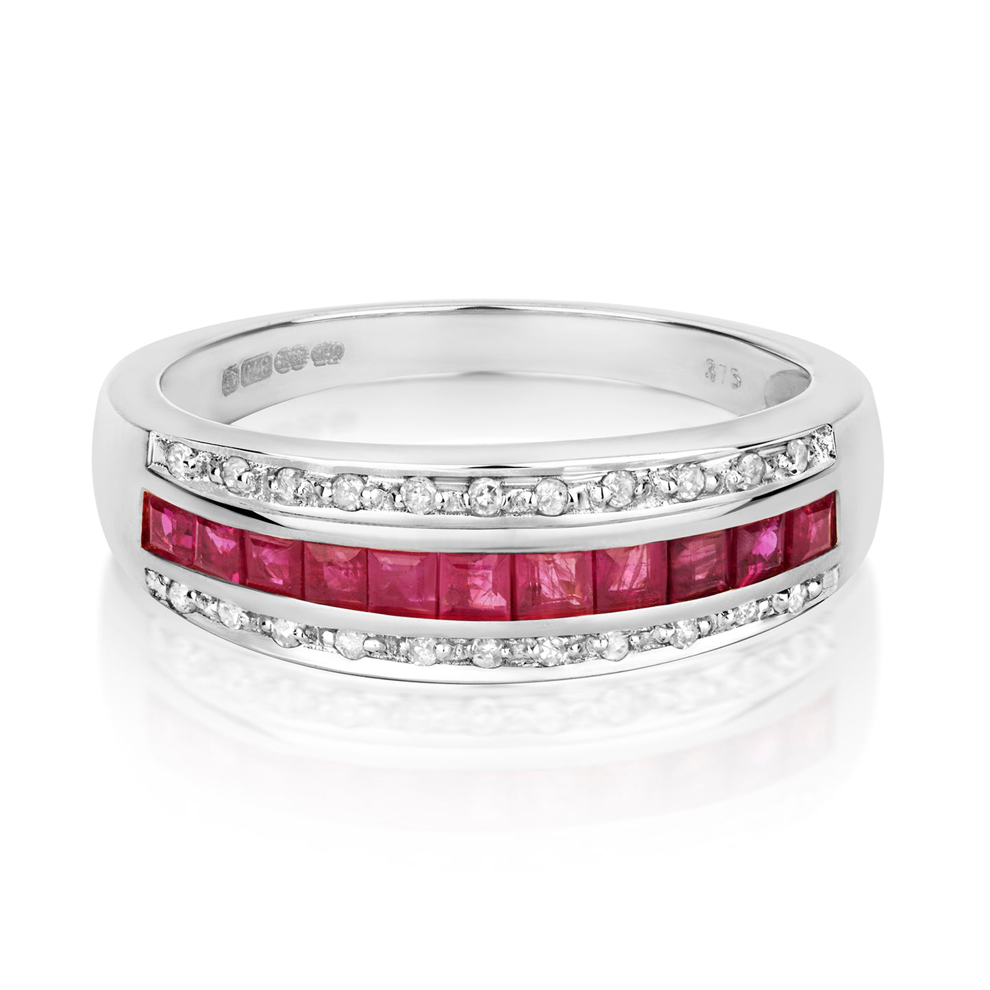 9ct White Gold Ruby and Diamond Band Style Ring, Sizes J to Q (267WR)
