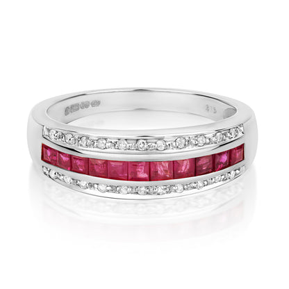 9ct White Gold Ruby and Diamond Band Style Ring, Sizes J to Q (267WR)