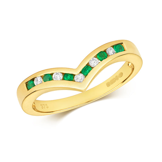 9ct Yellow Gold Emerald and Diamond Wishbone Ring, Ring Sizes J to Q (268)