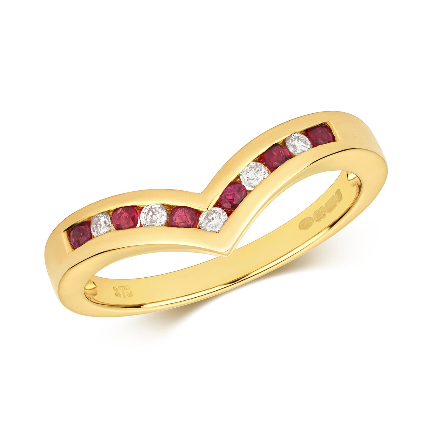 9ct Yellow Gold Ruby and Diamond Wishbone Ring, Ring Sizes J to Q (268)