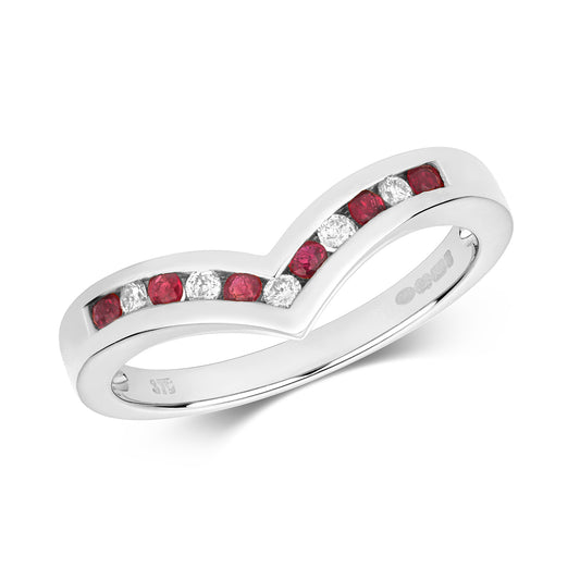 9ct White Gold Ruby and Diamond Wishbone Ring, Ring Sizes J to Q (268)