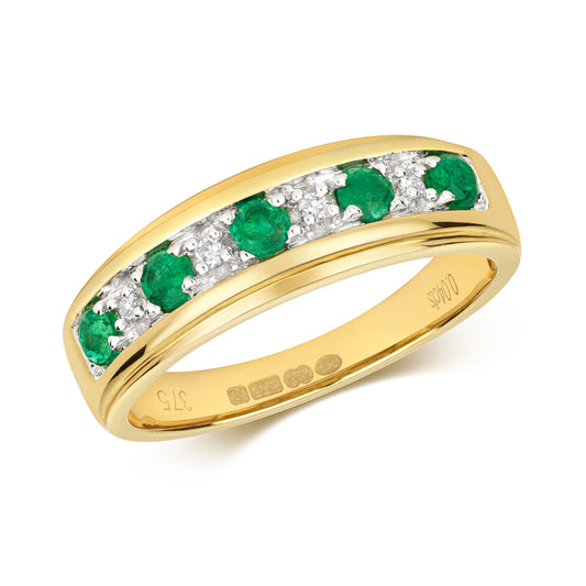 9ct Yellow Gold Emerald and Diamond Eternity Band Ring, Sizes J to Q (275)