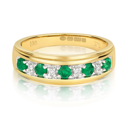 9ct Yellow Gold Emerald and Diamond Eternity Band Ring, Sizes J to Q (275)