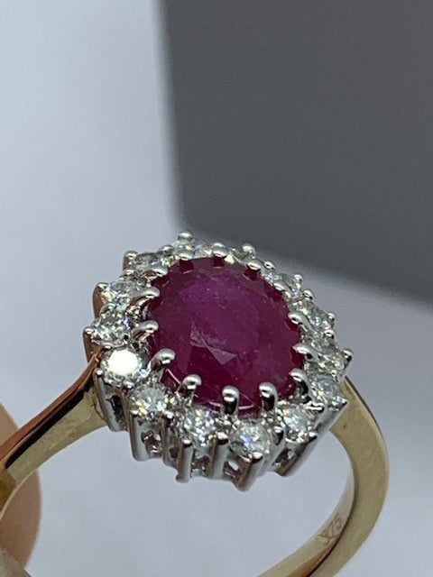 9ct Yellow Gold 1.80Ct Ruby and Diamond Cluster Ring, Sizes J to Q (280)