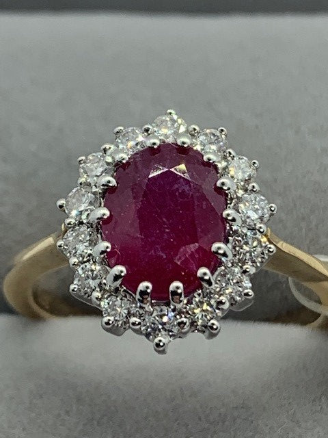 9ct Yellow Gold 1.80Ct Ruby and Diamond Cluster Ring, Sizes J to Q (280)