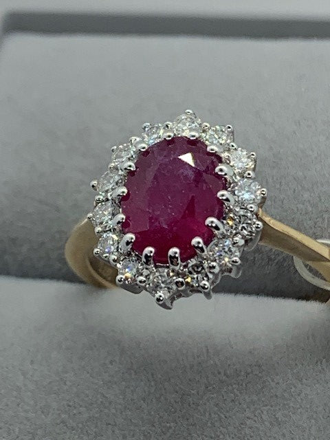 9ct Yellow Gold 1.80Ct Ruby and Diamond Cluster Ring, Sizes J to Q (280)