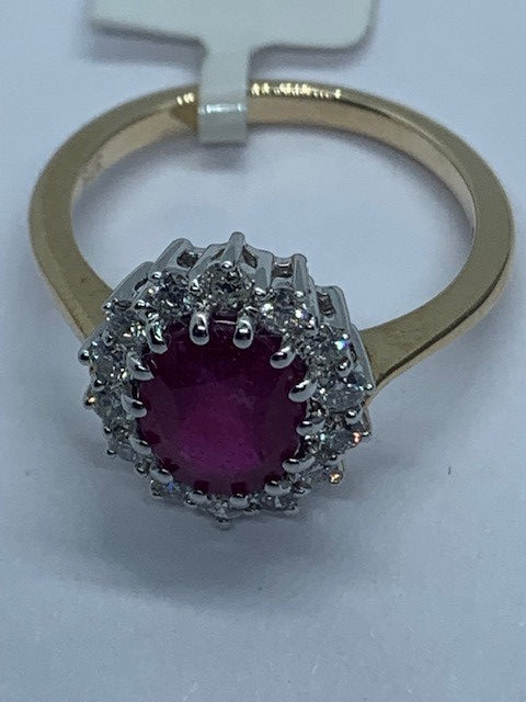 9ct Yellow Gold 1.80Ct Ruby and Diamond Cluster Ring, Sizes J to Q (280)