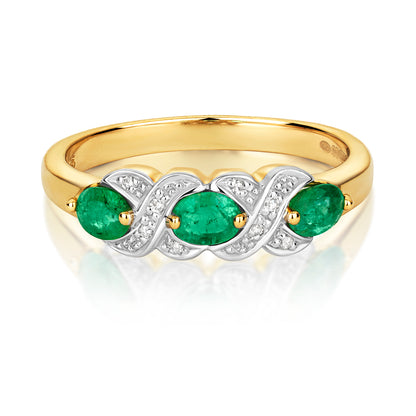 9ct Yellow Gold Triple Emerald and Diamond Ring, Sizes J to Q (294E)