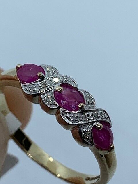 9ct Yellow Gold Triple Ruby Gemstone and Diamond Ring, Sizes J to Q (294)