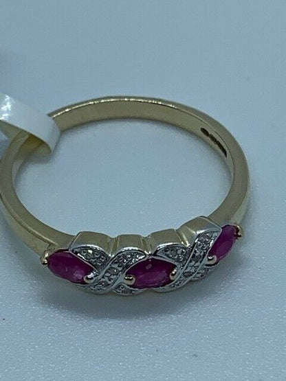 9ct Yellow Gold Triple Ruby Gemstone and Diamond Ring, Sizes J to Q (294)