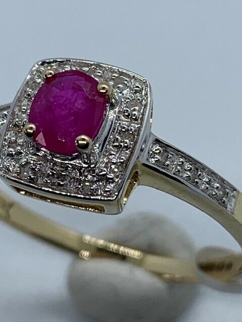 9ct Yellow Gold Ruby and Diamond Cluster Ring, Sizes J to Q (295)