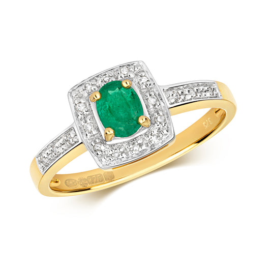 9ct Yellow Gold Emerald and Diamond Cluster Style Ring, Sizes J to Q (295)