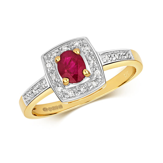 9ct Yellow Gold Ruby and Diamond Cluster Ring, Sizes J to Q (295)