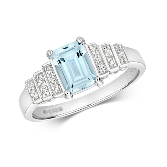 9ct White Gold Aquamarine and Diamond Tiered Cluster Ring, Sizes J to Q (297)