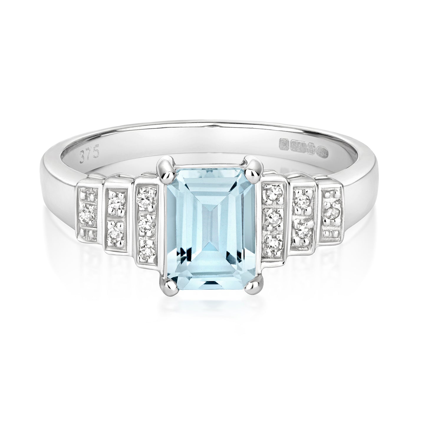 9ct White Gold Aquamarine and Diamond Tiered Cluster Ring, Sizes J to Q (297)