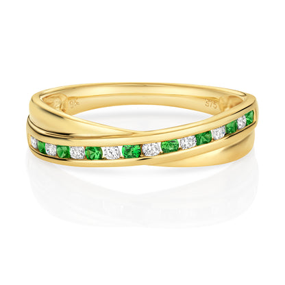 9ct Yellow Gold Green Tsavorite and Diamond Double Band Ring, Sizes J to Q (400)