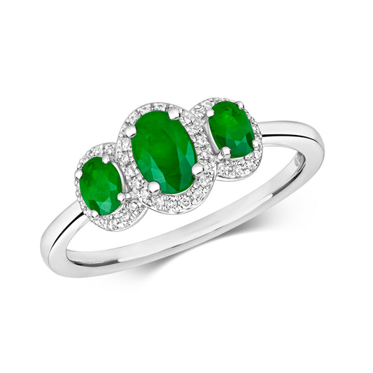 9ct White Gold Emerald and Diamond Triple Cluster Ring, Sizes J to Q (423WE)