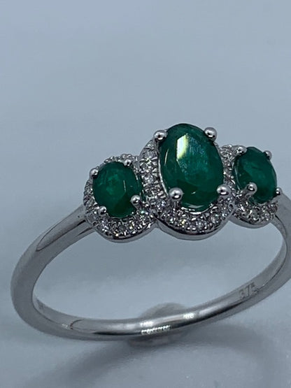 9ct White Gold Emerald and Diamond Triple Cluster Ring, Sizes J to Q (423WE)