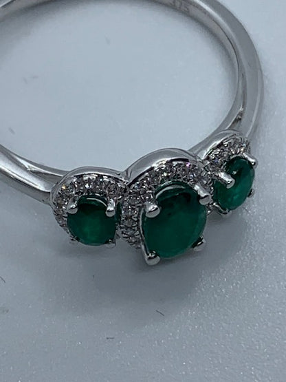9ct White Gold Emerald and Diamond Triple Cluster Ring, Sizes J to Q (423WE)